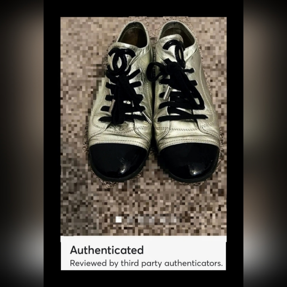 {CERTIFIED AUTHENTIC} Chanel Sneakers Silver Metallic Black Patent Leather flats